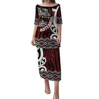 Personalised Aotearoa Bulldog Puletasi New Zealand Maori Taniko Art LT14 Long Dress Red - Polynesian Pride