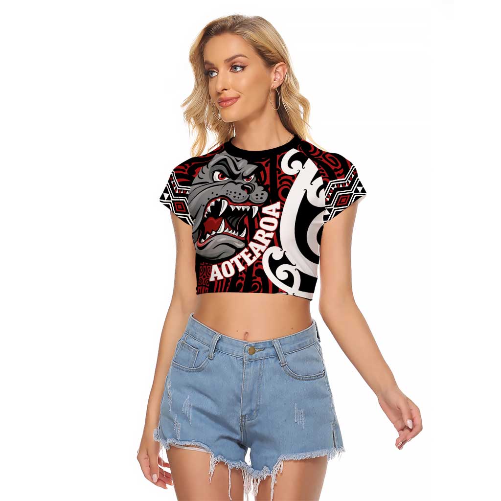Personalised Aotearoa Bulldog Raglan Cropped T Shirt New Zealand Maori Taniko Art LT14 Female Red - Polynesian Pride
