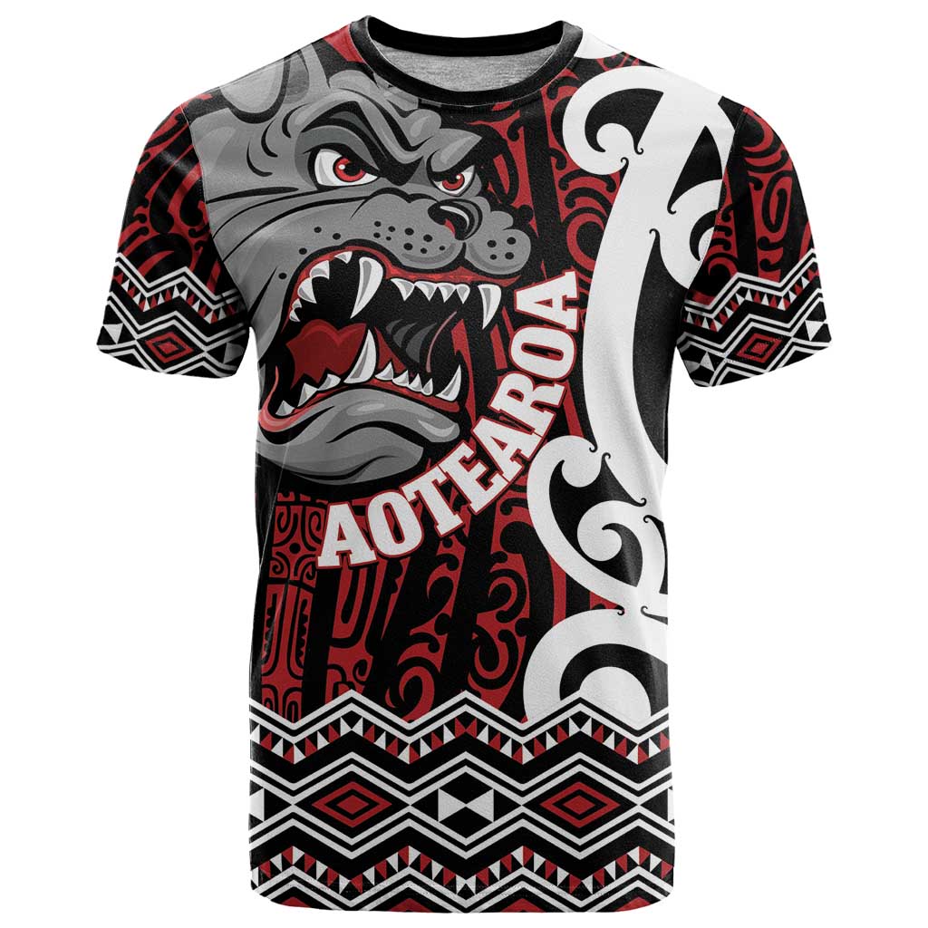 Personalised Aotearoa Bulldog T Shirt New Zealand Maori Taniko Art LT14 Red - Polynesian Pride