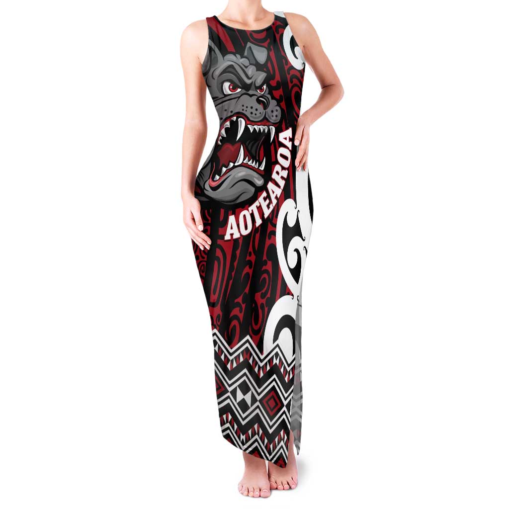 Personalised Aotearoa Bulldog Tank Maxi Dress New Zealand Maori Taniko Art LT14 Women Red - Polynesian Pride