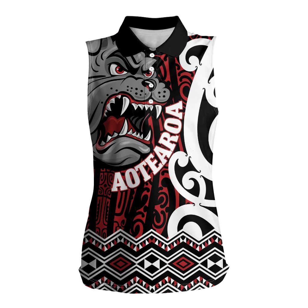 Personalised Aotearoa Bulldog Women Sleeveless Polo Shirt New Zealand Maori Taniko Art LT14 Female Red - Polynesian Pride