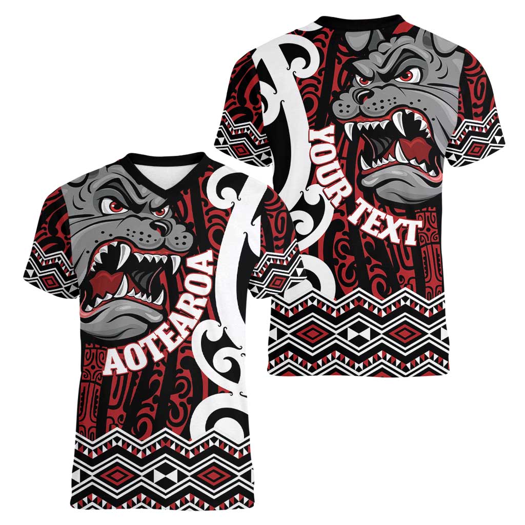 Personalised Aotearoa Bulldog Women V-Neck T-Shirt New Zealand Maori Taniko Art LT14 - Polynesian Pride