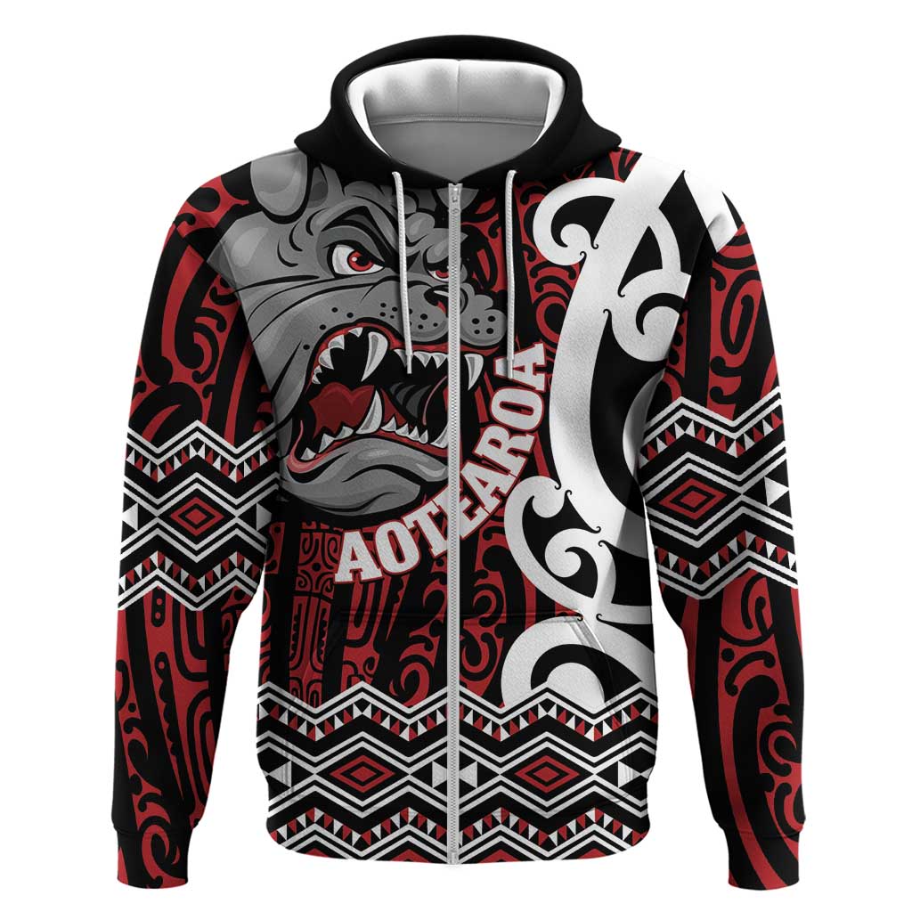 Personalised Aotearoa Bulldog Zip Hoodie New Zealand Maori Taniko Art LT14 Zip Hoodie Red - Polynesian Pride