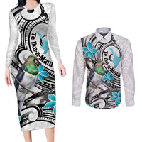 Aotearoa Te Ika-a-Maui Couples Matching Long Sleeve Bodycon Dress and Long Sleeve Button Shirt South Island Kekeru Maori Koru LT14 White - Polynesian Pride