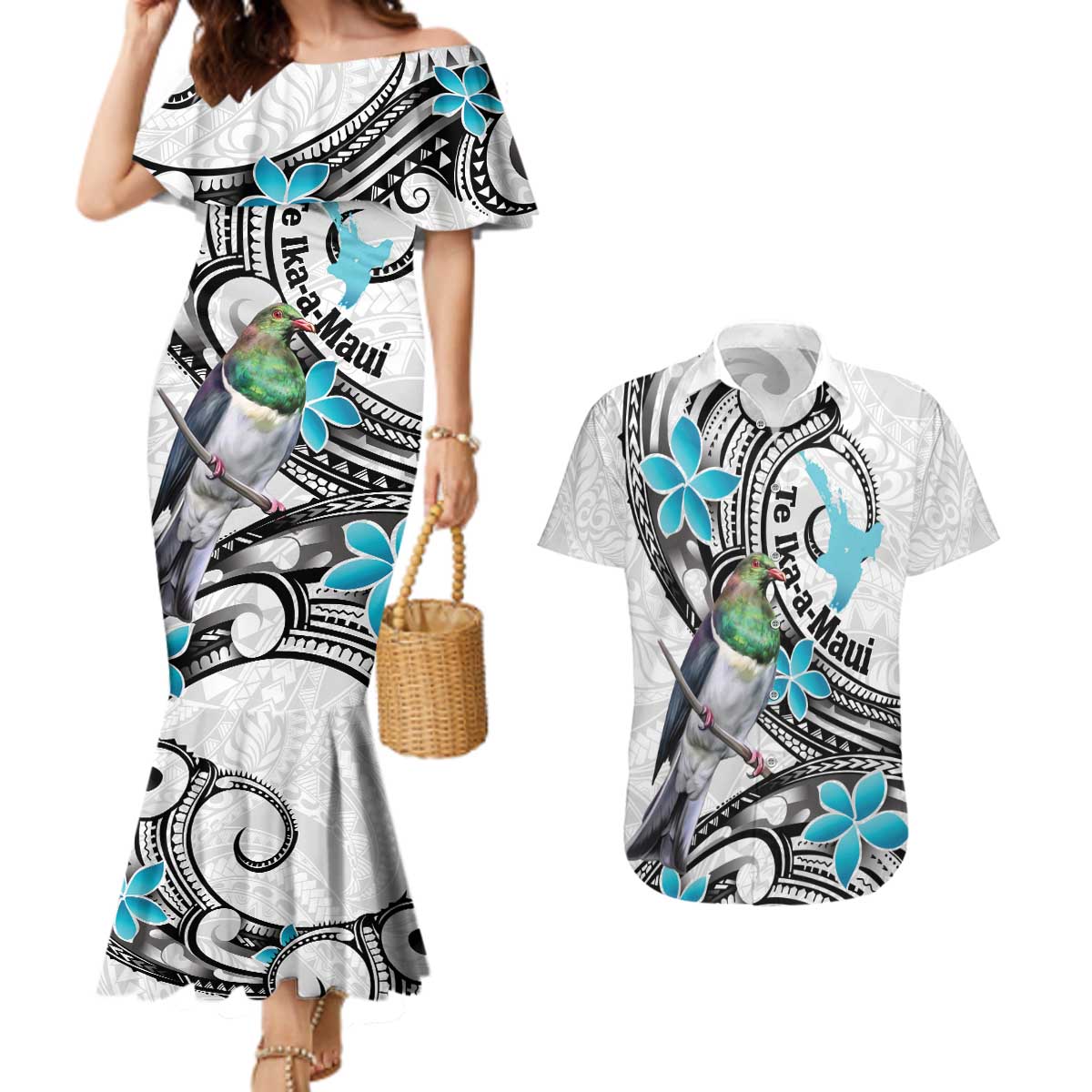 Aotearoa Te Ika-a-Maui Couples Matching Mermaid Dress and Hawaiian Shirt South Island Kekeru Maori Koru LT14 White - Polynesian Pride