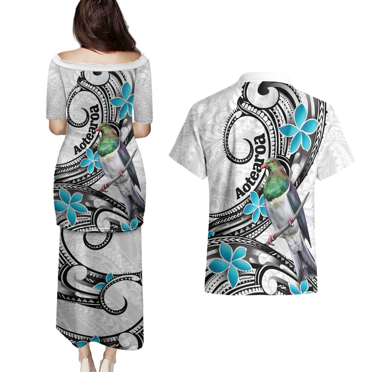 Aotearoa Te Ika-a-Maui Couples Matching Puletasi and Hawaiian Shirt South Island Kekeru Maori Koru LT14 - Polynesian Pride