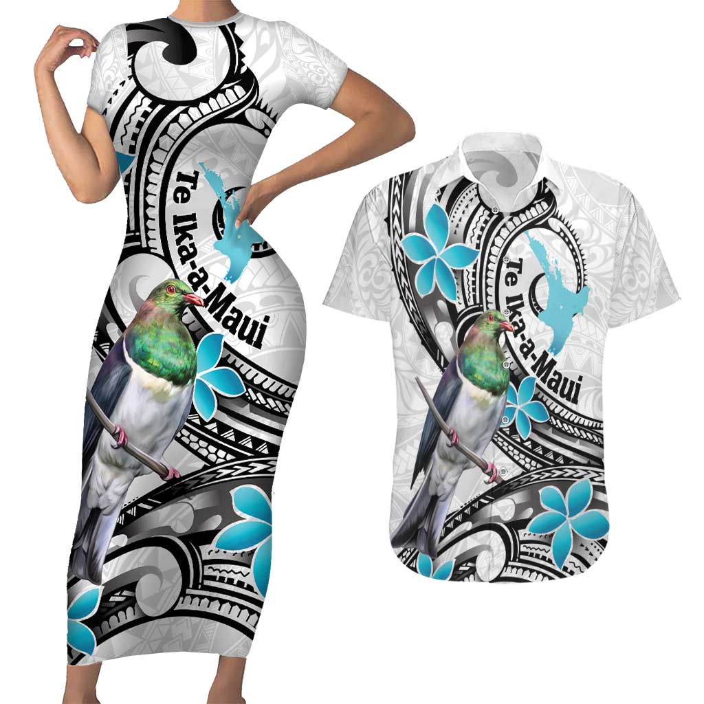Aotearoa Te Ika-a-Maui Couples Matching Short Sleeve Bodycon Dress and Hawaiian Shirt South Island Kekeru Maori Koru LT14 White - Polynesian Pride