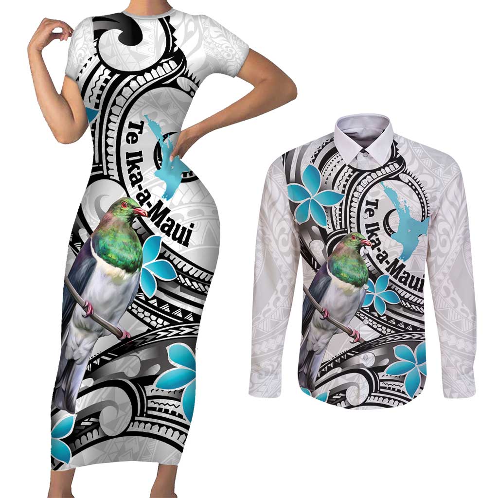 Aotearoa Te Ika-a-Maui Couples Matching Short Sleeve Bodycon Dress and Long Sleeve Button Shirt South Island Kekeru Maori Koru LT14 White - Polynesian Pride
