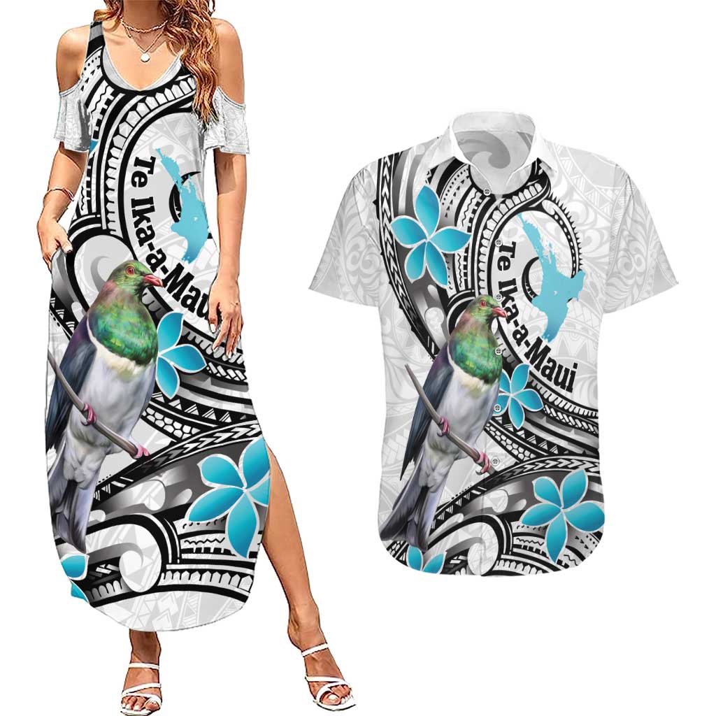 Aotearoa Te Ika-a-Maui Couples Matching Summer Maxi Dress and Hawaiian Shirt South Island Kekeru Maori Koru LT14 White - Polynesian Pride