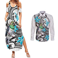 Aotearoa Te Ika-a-Maui Couples Matching Summer Maxi Dress and Long Sleeve Button Shirt South Island Kekeru Maori Koru LT14 White - Polynesian Pride