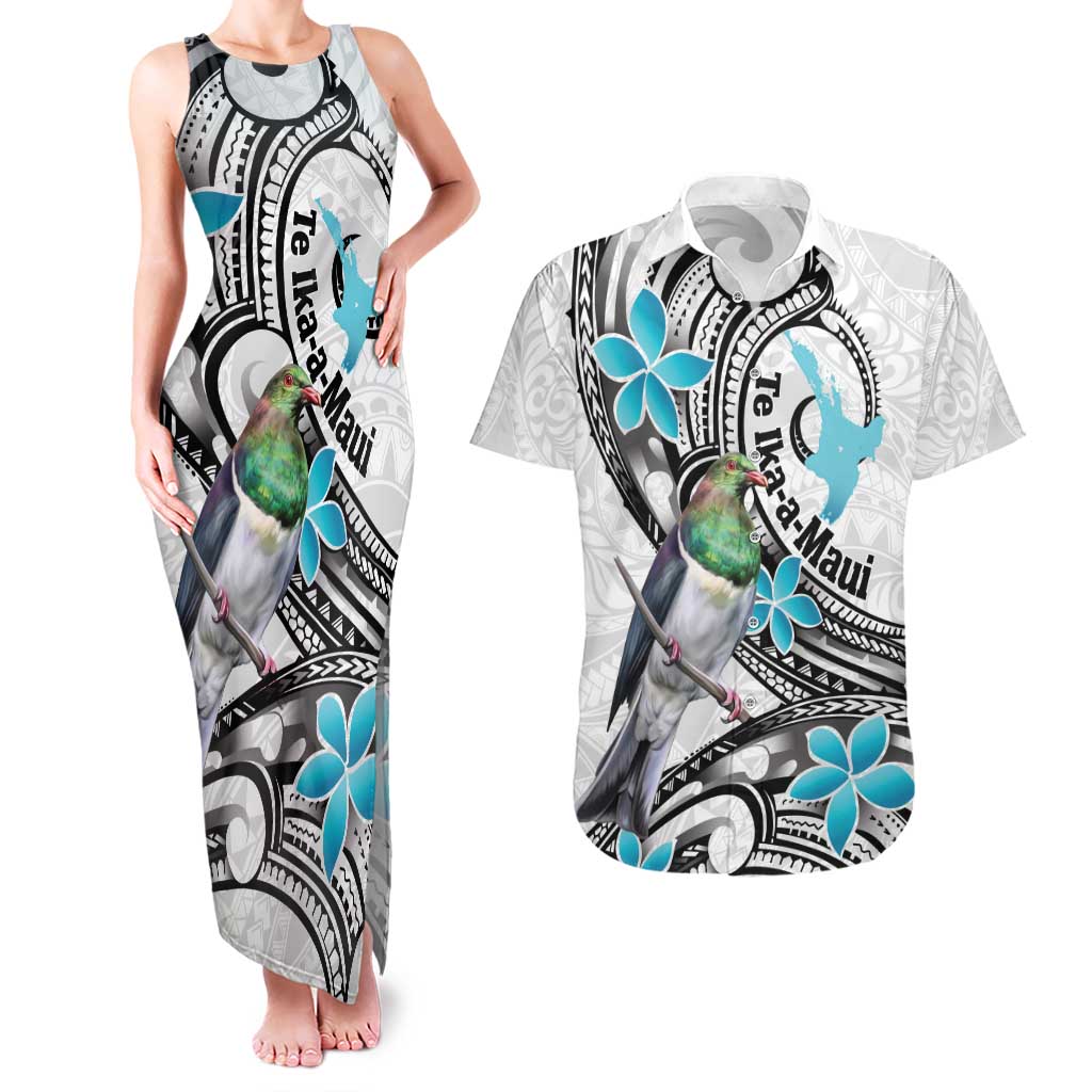Aotearoa Te Ika-a-Maui Couples Matching Tank Maxi Dress and Hawaiian Shirt South Island Kekeru Maori Koru LT14 White - Polynesian Pride