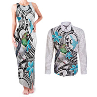 Aotearoa Te Ika-a-Maui Couples Matching Tank Maxi Dress and Long Sleeve Button Shirt South Island Kekeru Maori Koru LT14 White - Polynesian Pride