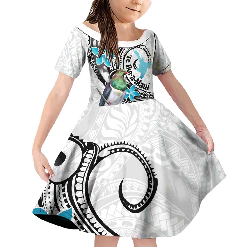 Aotearoa Te Ika-a-Maui Family Matching Off Shoulder Short Dress and Hawaiian Shirt South Island Kekeru Maori Koru LT14 Daughter's Dress White - Polynesian Pride