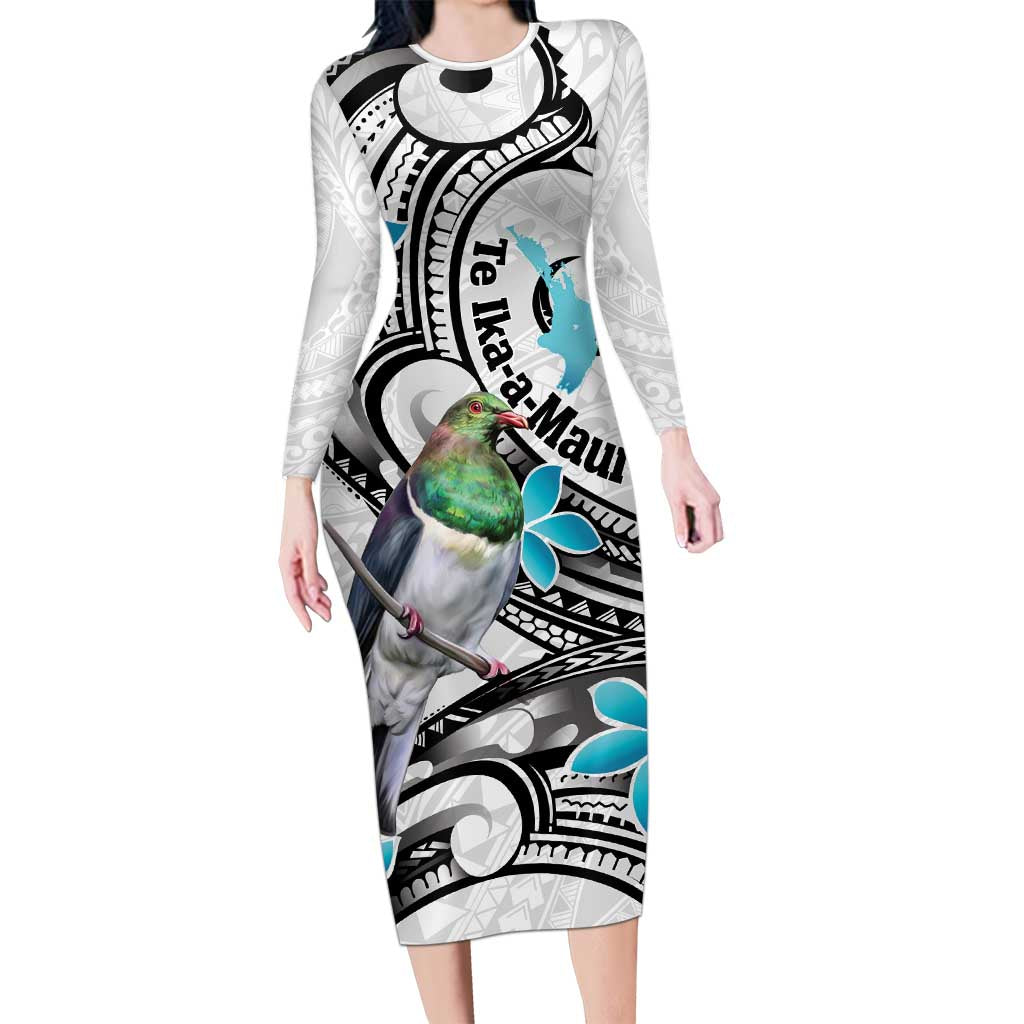 Aotearoa Te Ika-a-Maui Long Sleeve Bodycon Dress South Island Kekeru Maori Koru LT14 Long Dress White - Polynesian Pride
