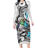 Aotearoa Te Ika-a-Maui Long Sleeve Bodycon Dress South Island Kekeru Maori Koru LT14 Long Dress White - Polynesian Pride