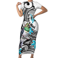 Aotearoa Te Ika-a-Maui Short Sleeve Bodycon Dress South Island Kekeru Maori Koru LT14 Long Dress White - Polynesian Pride