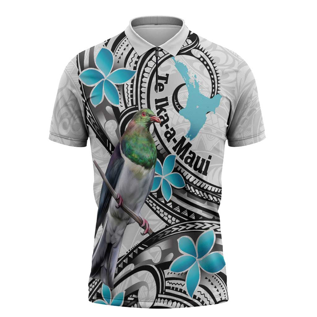 Aotearoa Te Ika-a-Maui Zipper Polo Shirt South Island Kekeru Maori Koru LT14 White - Polynesian Pride