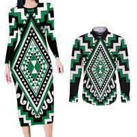 Green Aotearoa Taniko Poutama Patikitiki Couples Matching Long Sleeve Bodycon Dress and Long Sleeve Button Shirt LT14 Green - Polynesian Pride