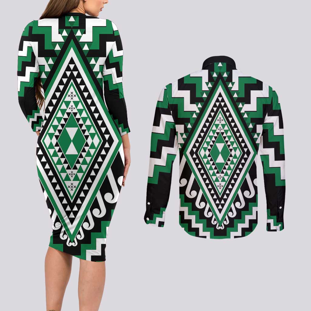 Green Aotearoa Taniko Poutama Patikitiki Couples Matching Long Sleeve Bodycon Dress and Long Sleeve Button Shirt LT14 - Polynesian Pride