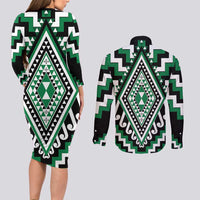 Green Aotearoa Taniko Poutama Patikitiki Couples Matching Long Sleeve Bodycon Dress and Long Sleeve Button Shirt LT14 - Polynesian Pride