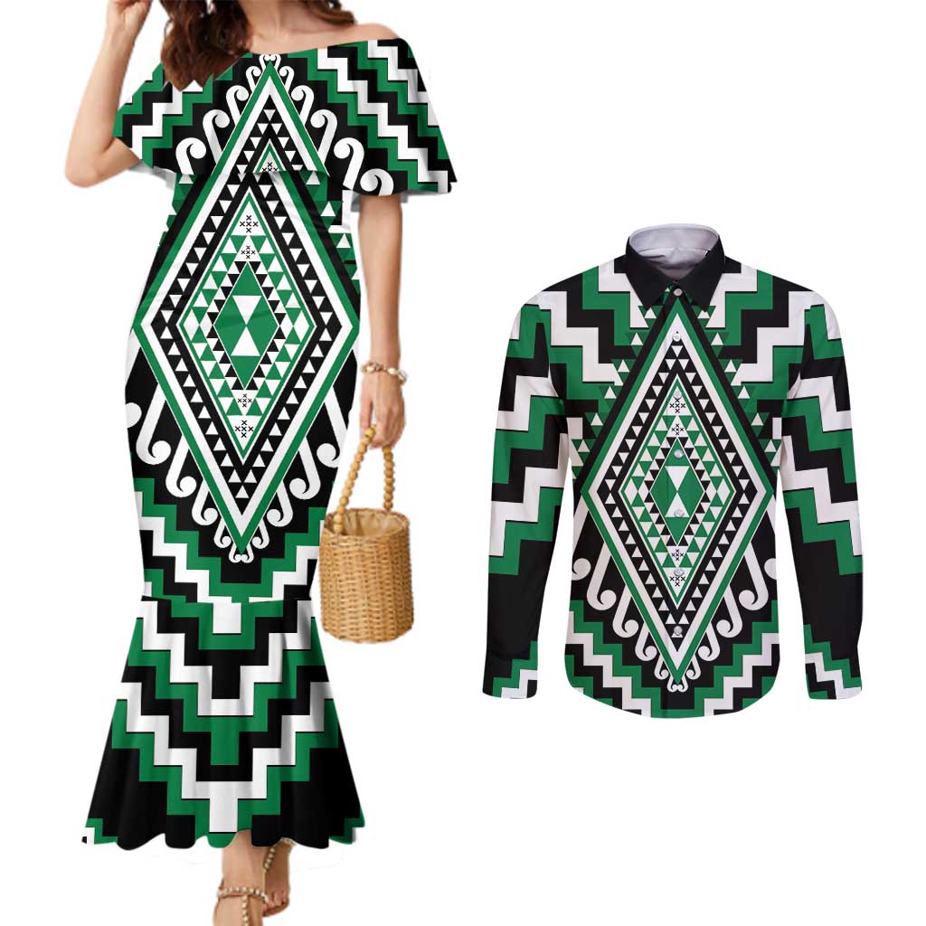 Green Aotearoa Taniko Poutama Patikitiki Couples Matching Mermaid Dress and Long Sleeve Button Shirt LT14 Green - Polynesian Pride