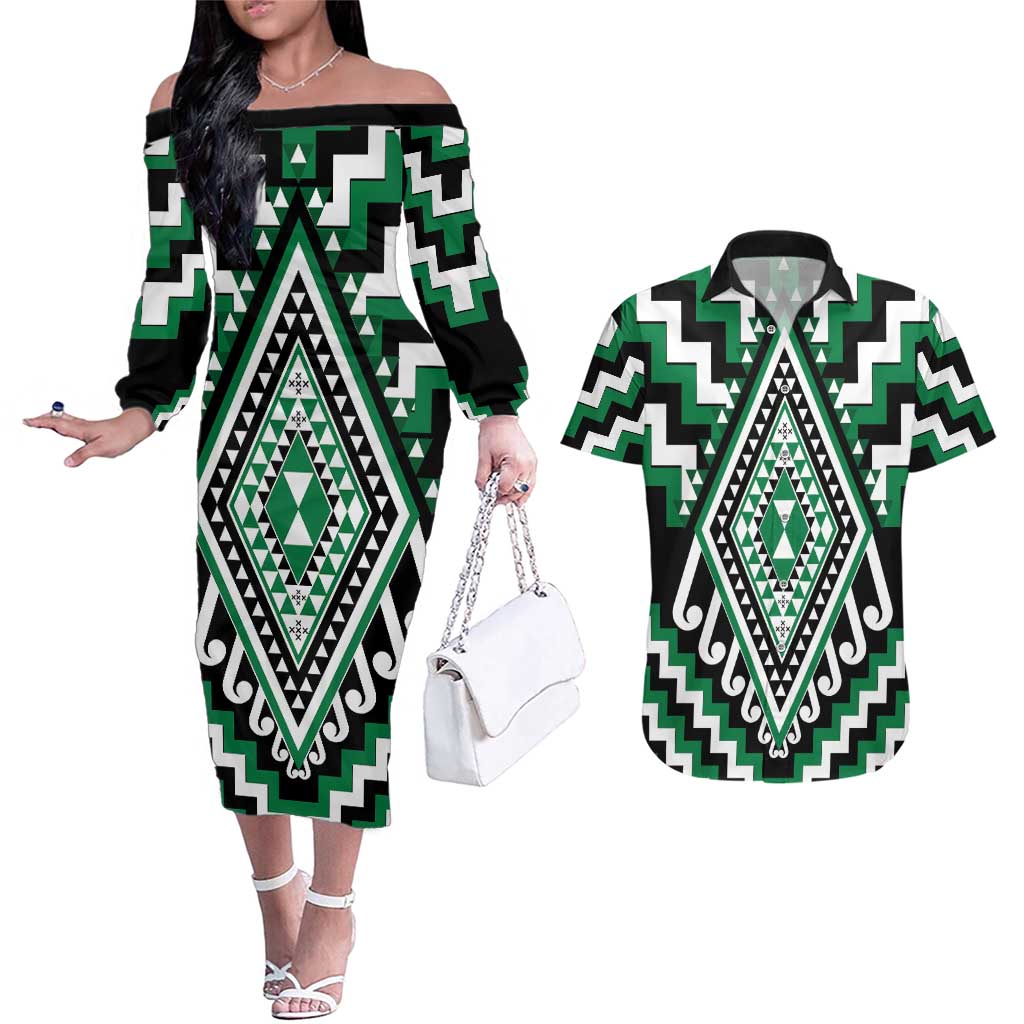 Green Aotearoa Taniko Poutama Patikitiki Couples Matching Off The Shoulder Long Sleeve Dress and Hawaiian Shirt LT14 Green - Polynesian Pride