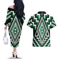 Green Aotearoa Taniko Poutama Patikitiki Couples Matching Off The Shoulder Long Sleeve Dress and Hawaiian Shirt LT14 - Polynesian Pride