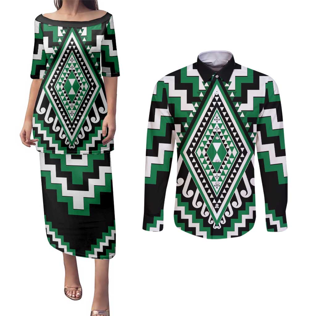 Green Aotearoa Taniko Poutama Patikitiki Couples Matching Puletasi and Long Sleeve Button Shirt