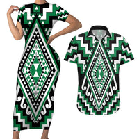 Green Aotearoa Taniko Poutama Patikitiki Couples Matching Short Sleeve Bodycon Dress and Hawaiian Shirt LT14 Green - Polynesian Pride