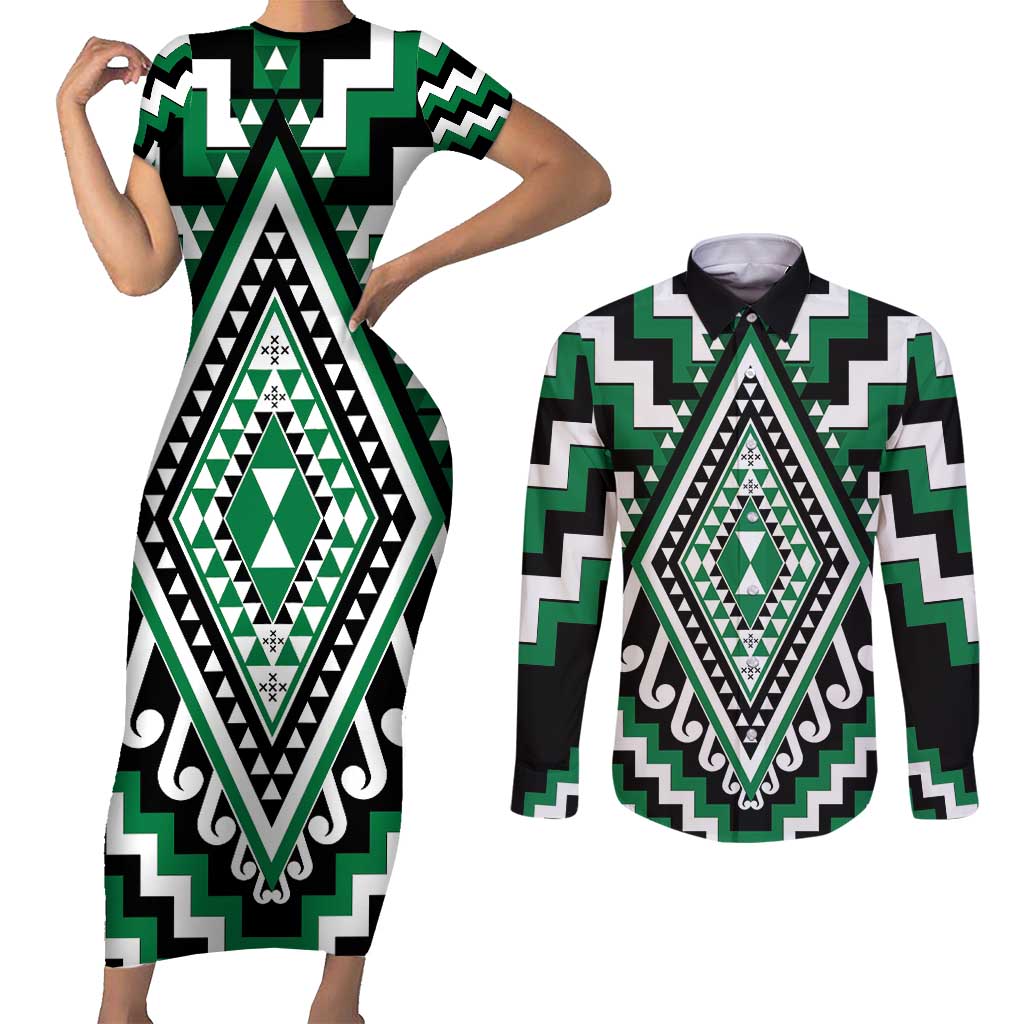Green Aotearoa Taniko Poutama Patikitiki Couples Matching Short Sleeve Bodycon Dress and Long Sleeve Button Shirt LT14 Green - Polynesian Pride