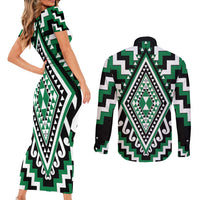 Green Aotearoa Taniko Poutama Patikitiki Couples Matching Short Sleeve Bodycon Dress and Long Sleeve Button Shirt LT14 - Polynesian Pride