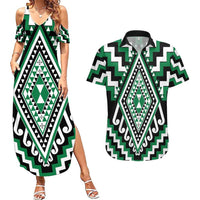 Green Aotearoa Taniko Poutama Patikitiki Couples Matching Summer Maxi Dress and Hawaiian Shirt LT14 Green - Polynesian Pride