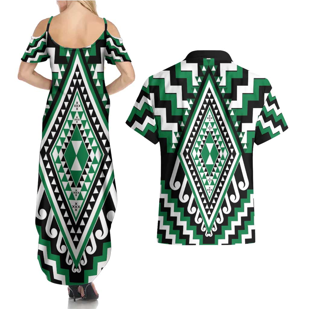 Green Aotearoa Taniko Poutama Patikitiki Couples Matching Summer Maxi Dress and Hawaiian Shirt LT14 - Polynesian Pride