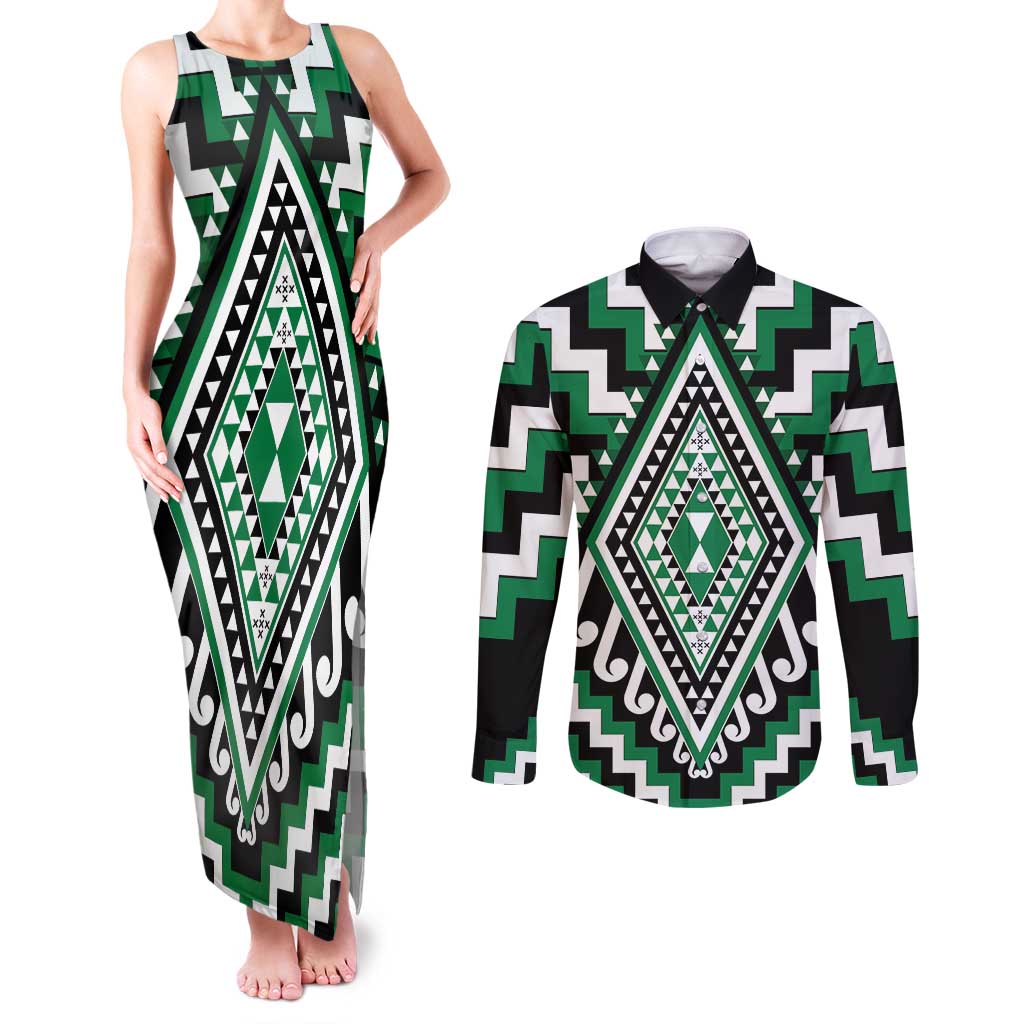 Green Aotearoa Taniko Poutama Patikitiki Couples Matching Tank Maxi Dress and Long Sleeve Button Shirt LT14 Green - Polynesian Pride