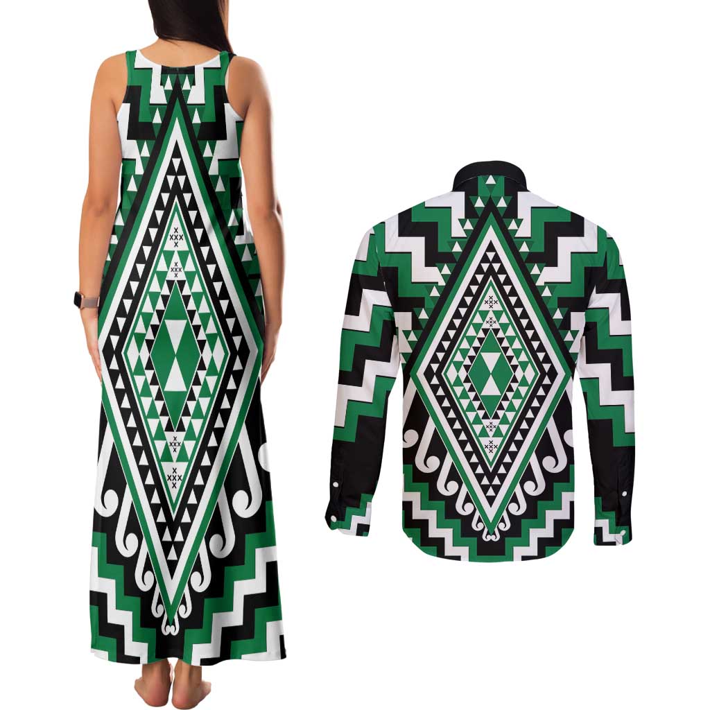 Green Aotearoa Taniko Poutama Patikitiki Couples Matching Tank Maxi Dress and Long Sleeve Button Shirt LT14 - Polynesian Pride