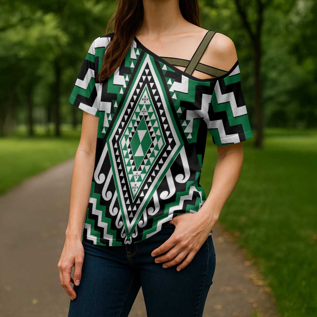 Green New Zealand Taniko Poutama Patikitiki Cross Shoulder Shirt - Polynesian Pride