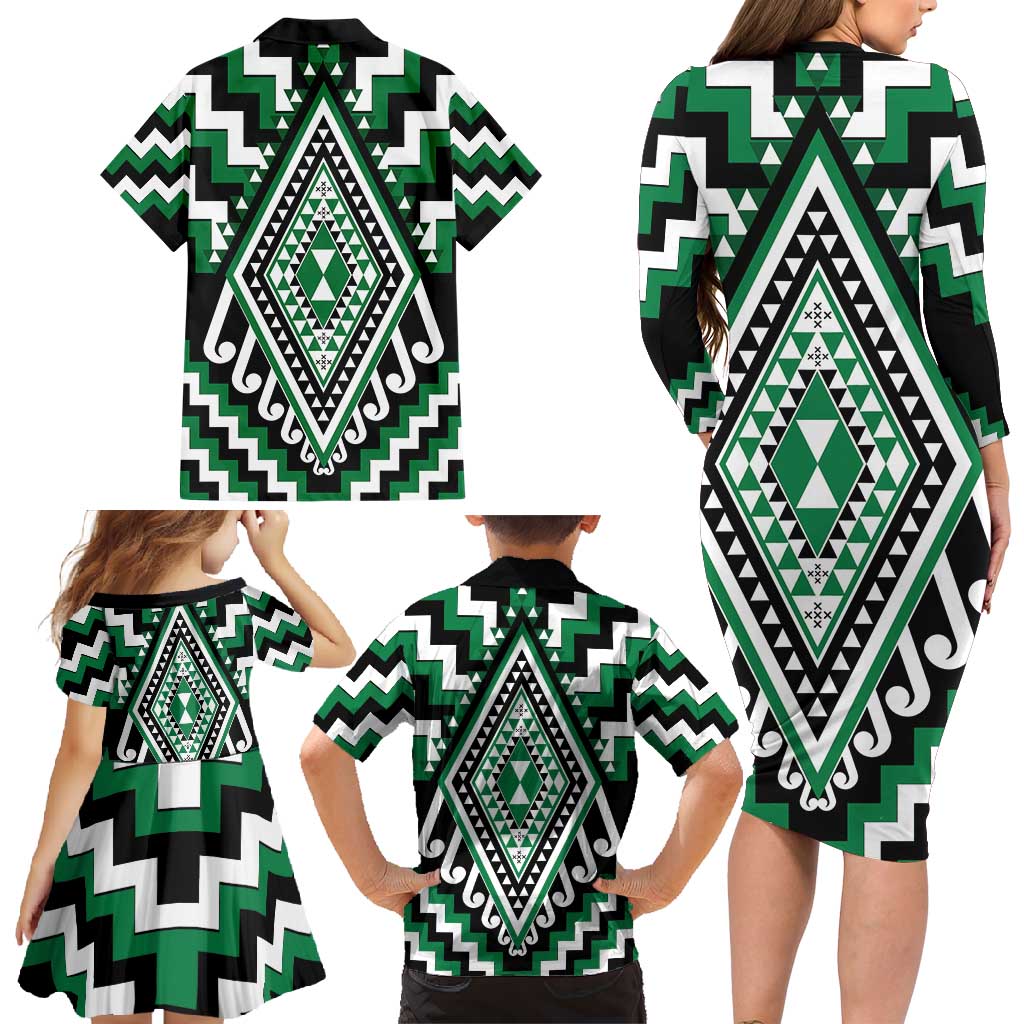 Green Aotearoa Taniko Poutama Patikitiki Family Matching Long Sleeve Bodycon Dress and Hawaiian Shirt LT14 - Polynesian Pride