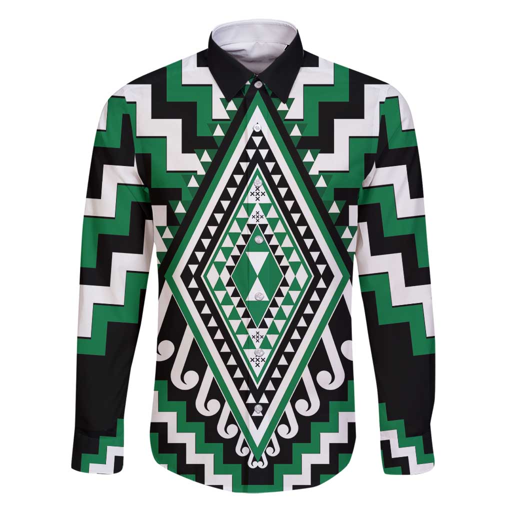 Green Aotearoa Taniko Poutama Patikitiki Family Matching Long Sleeve Bodycon Dress and Hawaiian Shirt LT14 Dad's Shirt - Long Sleeve Green - Polynesian Pride