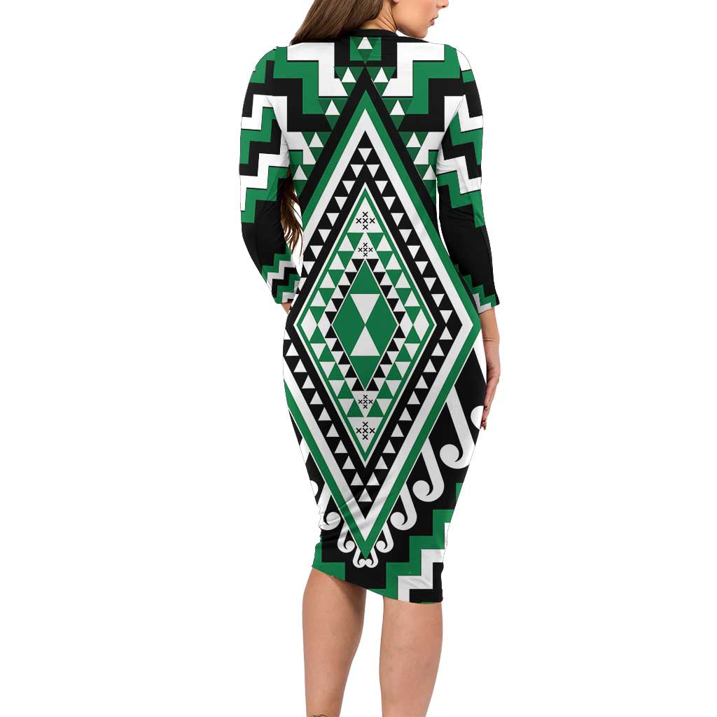 Green Aotearoa Taniko Poutama Patikitiki Family Matching Long Sleeve Bodycon Dress and Hawaiian Shirt LT14 - Polynesian Pride