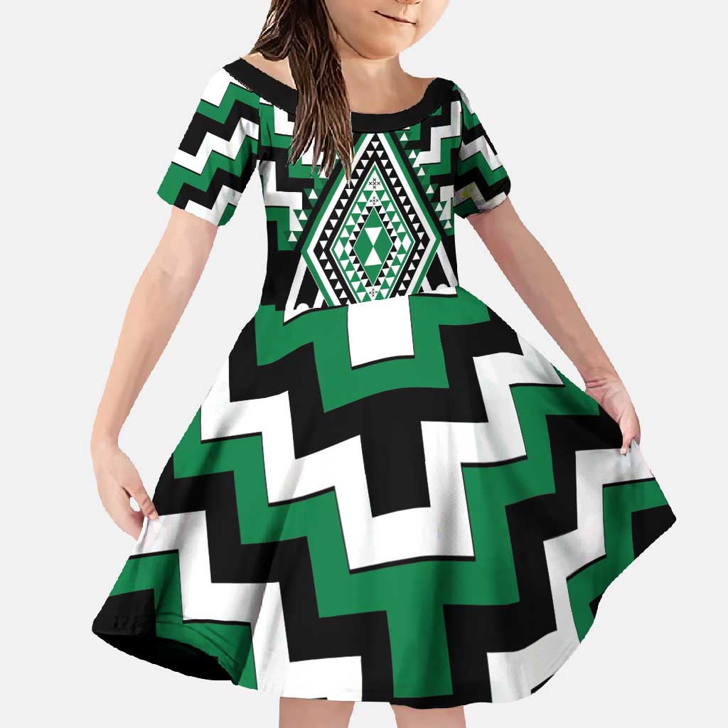 Green Aotearoa Taniko Poutama Patikitiki Family Matching Mermaid Dress and Hawaiian Shirt LT14 Daughter's Dress Green - Polynesian Pride