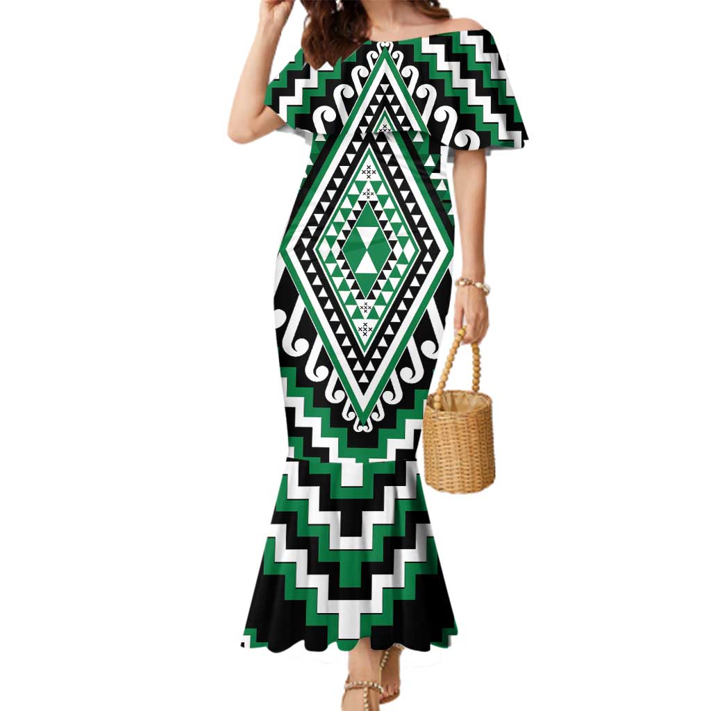 Green Aotearoa Taniko Poutama Patikitiki Family Matching Mermaid Dress and Hawaiian Shirt LT14 Mom's Dress Green - Polynesian Pride