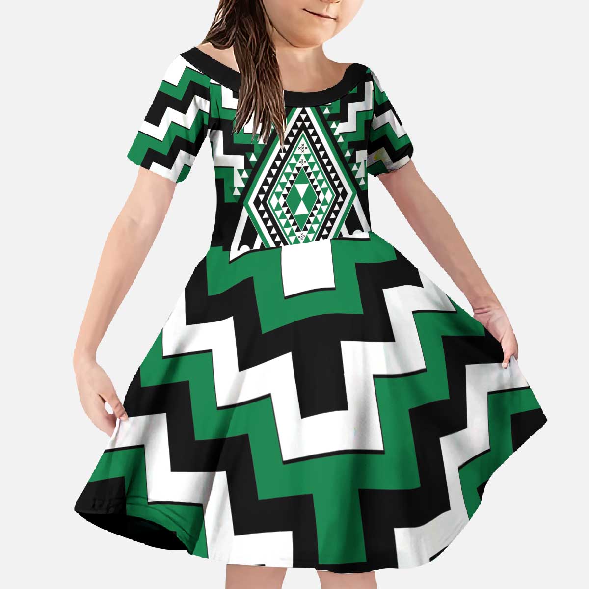 Green Aotearoa Taniko Poutama Patikitiki Family Matching Off The Shoulder Long Sleeve Dress and Hawaiian Shirt LT14 Daughter's Dress Green - Polynesian Pride