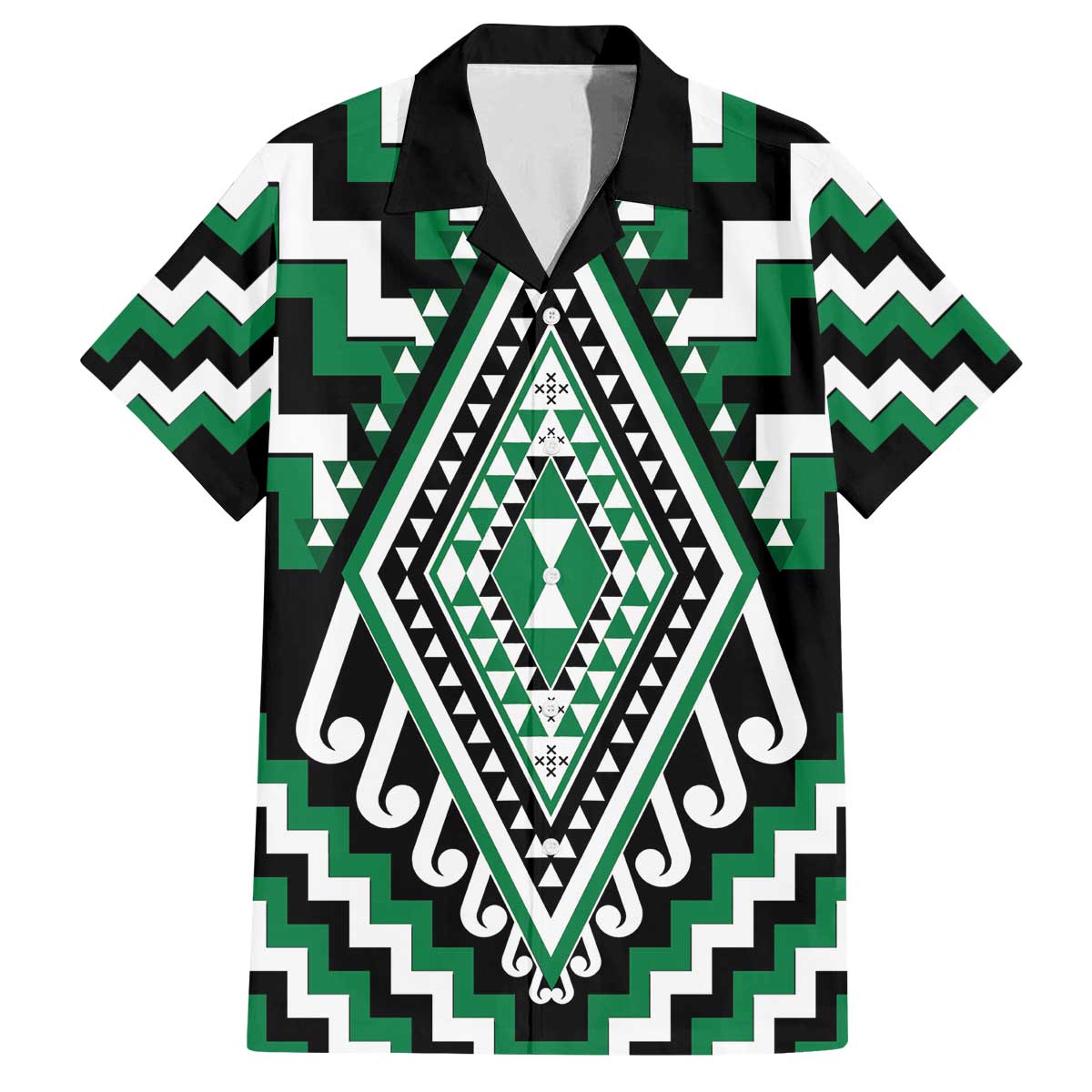 Green Aotearoa Taniko Poutama Patikitiki Family Matching Off The Shoulder Long Sleeve Dress and Hawaiian Shirt LT14 Dad's Shirt - Short Sleeve Green - Polynesian Pride