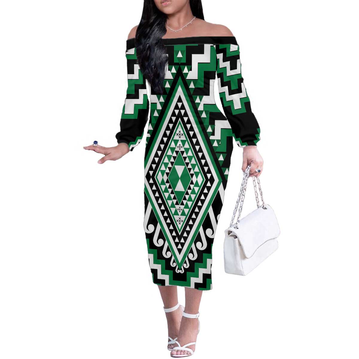 Green Aotearoa Taniko Poutama Patikitiki Family Matching Off The Shoulder Long Sleeve Dress and Hawaiian Shirt LT14 Mom's Dress Green - Polynesian Pride