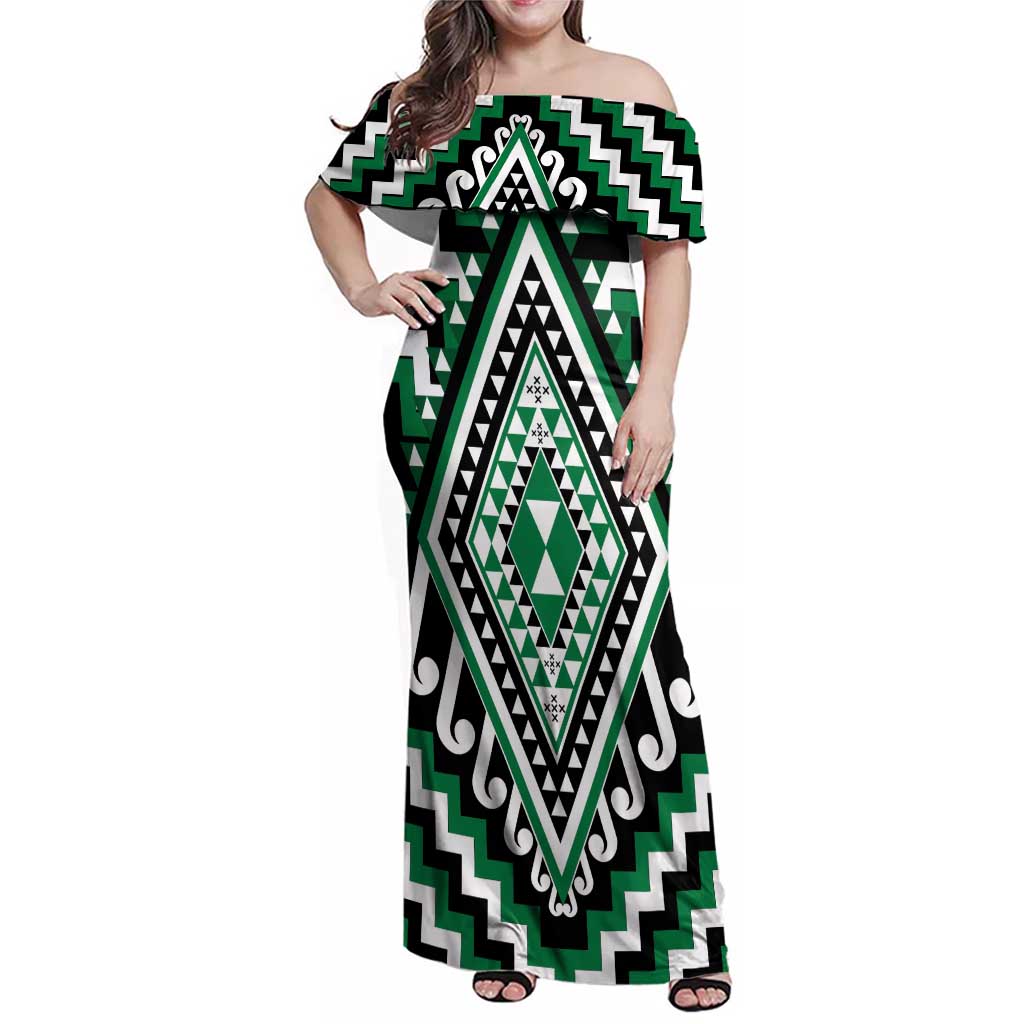 Green Aotearoa Taniko Poutama Patikitiki Family Matching Off Shoulder Maxi Dress and Hawaiian Shirt LT14 Mom's Dress Green - Polynesian Pride