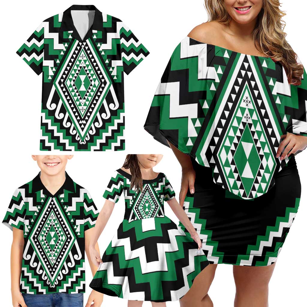 Green Aotearoa Taniko Poutama Patikitiki Family Matching Off Shoulder Short Dress and Hawaiian Shirt LT14 - Polynesian Pride