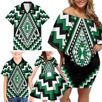 Green Aotearoa Taniko Poutama Patikitiki Family Matching Off Shoulder Short Dress and Hawaiian Shirt LT14 - Polynesian Pride