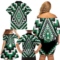 Green Aotearoa Taniko Poutama Patikitiki Family Matching Off Shoulder Short Dress and Hawaiian Shirt LT14 - Polynesian Pride