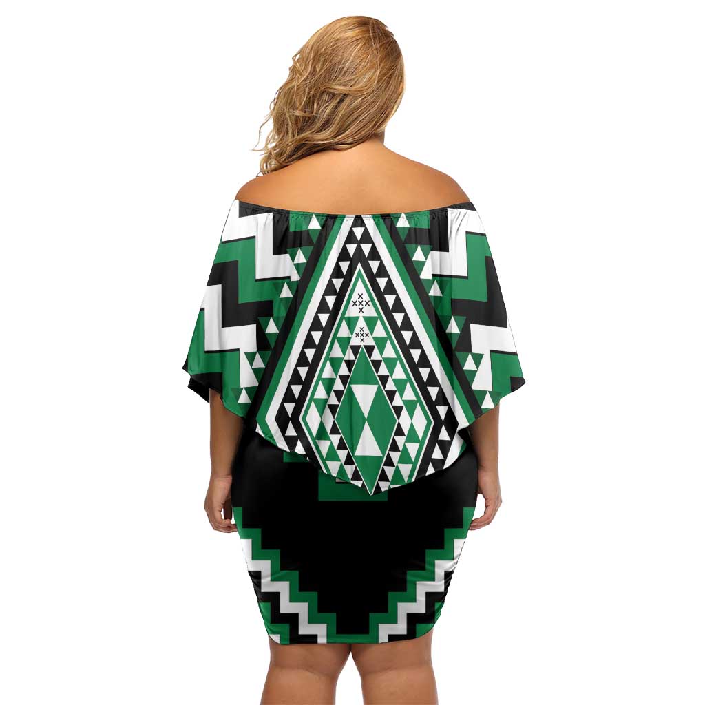 Green Aotearoa Taniko Poutama Patikitiki Family Matching Off Shoulder Short Dress and Hawaiian Shirt LT14 - Polynesian Pride