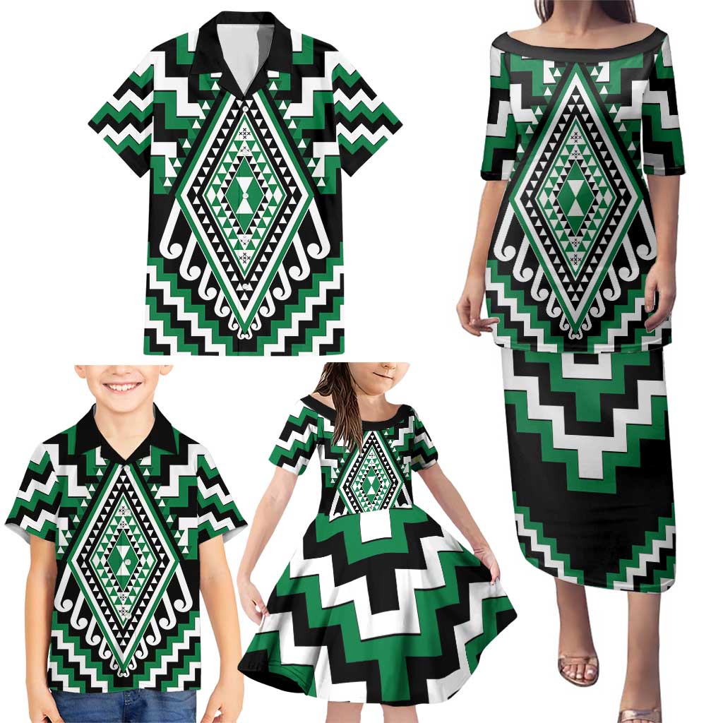 Green Aotearoa Taniko Poutama Patikitiki Family Matching Puletasi and Hawaiian Shirt LT14 - Polynesian Pride